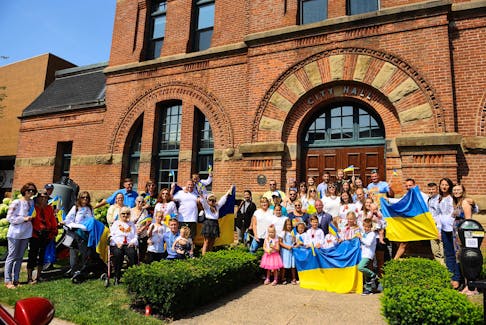 A crowd gathers at Charlottetown City Hall to celebrate Ukrainian Independence Day on Aug. 22, two days ahead of the 30th anniversary event when Ukraine split from the Soviet Union. Oleksandr Stelmashchuk • Special to The Guardian