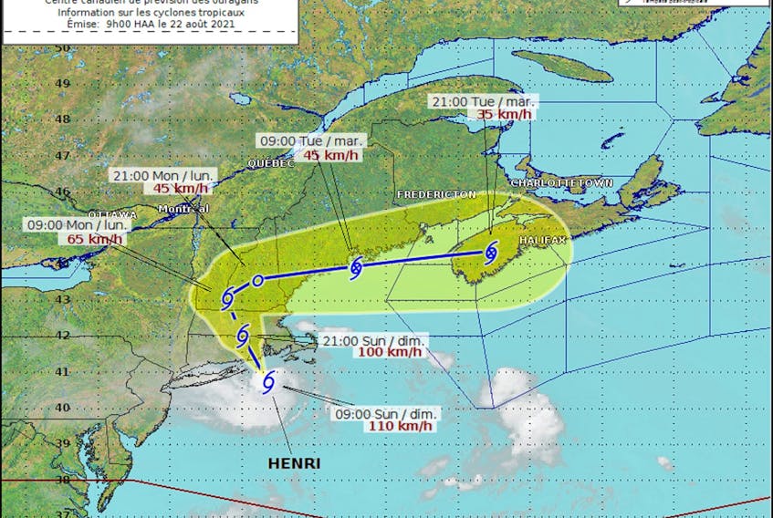 Hurricane Henri has been downgraded to a tropical storm Sunday. By the time it arrives in Atlantic Canada on Tuesday evening, it is expected to be a post-tropical storm. — Contributed/Canadian Hurricane Centre