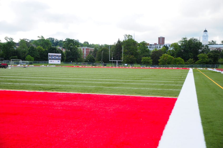 The artificial turf replacement project at Raymond Field on the Acadia University campus is expected to be complete Aug. 25. - Contributed