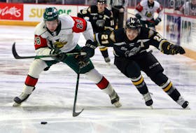 Halifax Mooseheads defenceman Stephen Davis, left, battles Cape Breton Eagles forward Liam Kidney for the puck during a 2020-21 QMJHL game at the Scotiabank Centre. - Eric Wynne
