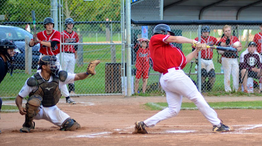 Ben MacDougall, of the Summerside Toombs and MacDougall CPA Chevys, drills a first inning double to right field during Game 2 of the Island Junior Baseball League final with the Capital District Islanders on Aug. 24.  - Jason Malloy • Saltwire Network