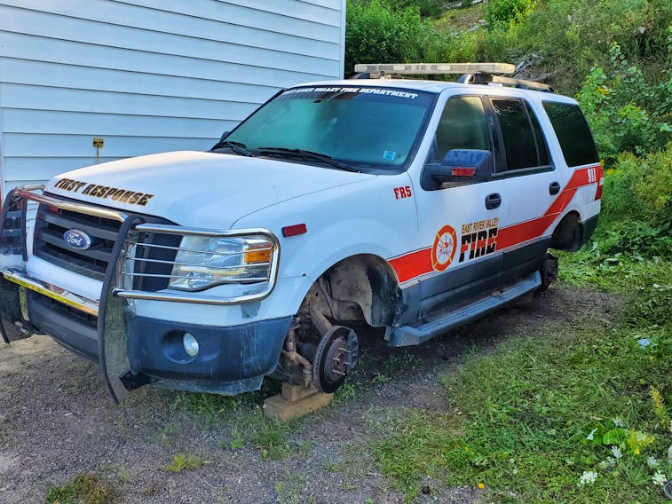 Someone stole the tires off this East River Valley Fire Department vehicle.