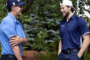  Canadiens assistant coach Alex Burrows speaks with winger Josh Anderson before the start of Montreal Canadiens head coach Dominique Ducharme’s charity golf tournament in Joliette on Aug. 26, 2021.