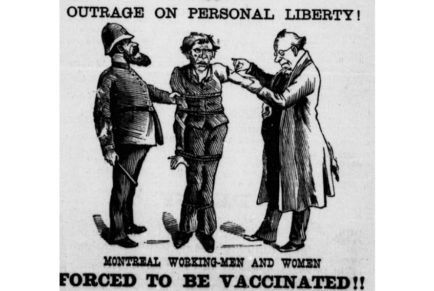 An image from Dr. Alexander Ross's 1885 pamphlet decrying smallpox vaccinations.