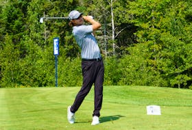 Michael Blair watches his shot earlier this week during the Prince Edward Island Open at the Dundarave Golf Course. Blair and Joey Mayo are tied for first after the second round.