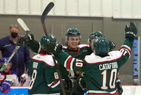 The Mooseheads jubilate after scoring seven minutes in the first against the visiting Moncton Wildcats at the RBC Centre Friday.