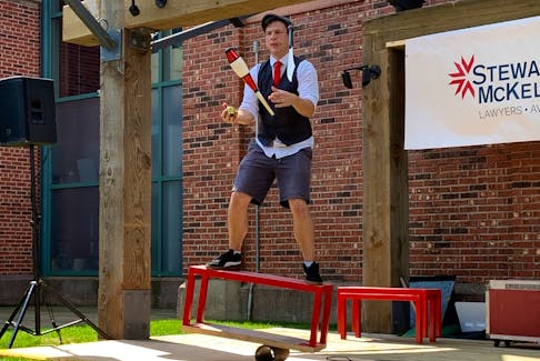 Toronto’s Kobbler Jay performs a juggling act during the Founders’ Food Hall & Market Busker Fest in Charlottetown on Friday, Aug. 27. The festival runs through Aug. 29.
