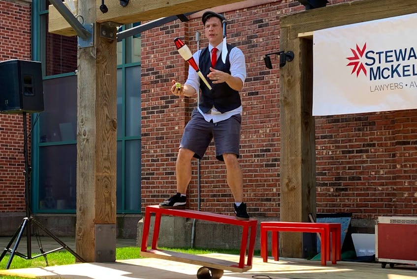 Toronto’s Kobbler Jay performs a juggling act during the Founders’ Food Hall & Market Busker Fest in Charlottetown on Friday, Aug. 27. The festival runs through Aug. 29.