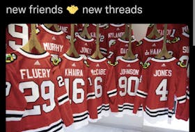 The Chicago Blackhawks accidentally spelled Marc-Andre Fleury's name wrong on the back of a team jersey recently. Shown is the tweet and the spelling they had of his name. PHOTO CONTRIBUTED.