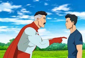 Mark Grayson (Steven Yeun), right, gets some tough lessons from his superhero father Omni-Man (J.K. Simmons) in Amazons Invincible.
AMAZON STUDIOS
