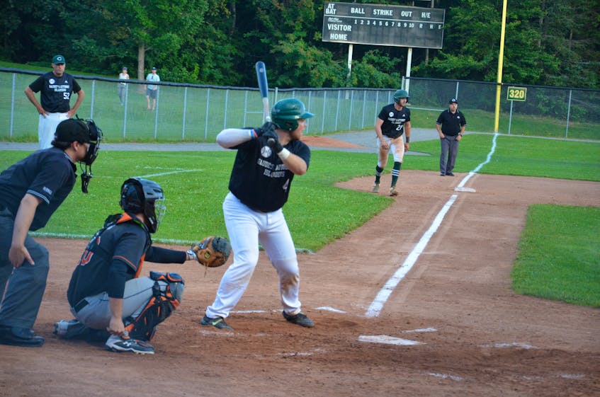 The Charlottetown Gaudet’s Auto Body Islanders’ Logan Gallant awaits a pitch during a New Brunswick Senior Baseball League game against the Moncton Fisher Cats at Memorial Field on Aug. 11. - Jason Simmonds