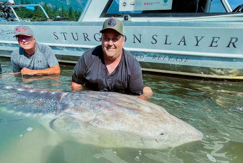 Photo of brothers Barry Bowtell (left) and Bryant Bowtell holding sturgeon in front of the Sturgeon Slayers boat in the Fraser River. Owner and fishing guide Kevin Estrada had ex-NHL'er Pete Peeters and friends out on the Fraser River, north of Chilliwack on Aug. 15, 2021. The group snagged a sturgeon bigger than anything that's been measured in modern history.