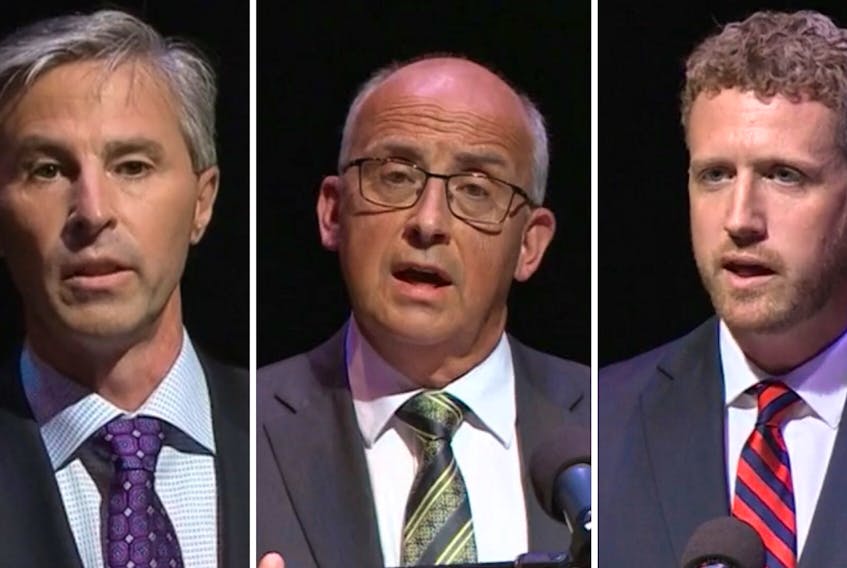 From left, Progressive Conservative leader Tim Houston, NDP leader Gary Burrill and Liberal leader Iain Rankin debate various issues and answered several guests' questions during last week's televised provincial leaders debate in Halifax. CONTRIBUTED