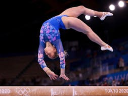 Elsabeth Black of Team Canada competes during the Women's Balance Beam Final on day eleven of the Tokyo 2020 Olympic Games.