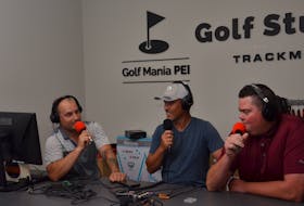 From left, co-hosts Nick Frid, Len Currie and Ben King discuss a topic during the Island Green Podcast, presented by Golf Mania P.E.I. The trio recently recorded Episode No. 25 of the podcast, which is growing in popularity.