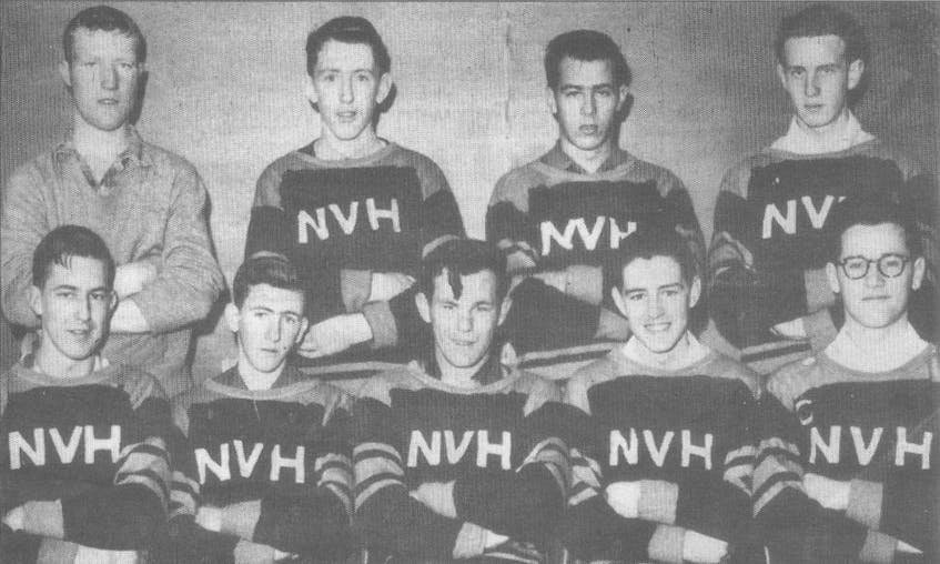 A group of New Victoria hockey players came together to form a team — the year is unknown — with the goal to ultimately represent their community. From left, front row, Robert Jurcina, De Dee Cameron, Hughie MacMaster, Fraser Campbell and Craig Baker; back row, Art Fraser, Charlie MacDonald, Don O'Quinn and Charlie MacPhee. CONTRIBUTED