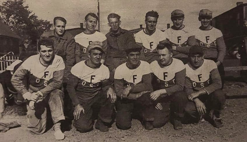 A group of miners from Florence Colliery came together to form a team to play in a local colliery softball league in 1954. The photo was taken at the Florence ballfield. From left, front row, John O'Toole, Alex Coakley, Art Morrison, Bill Cordy and Normie MacLean; back row, Gordie Cordy, Gordie MacLean, Eddie Noble, Earl Ferguson, Elmer Hurley and Percy Barrie. CONTRIBUTED
