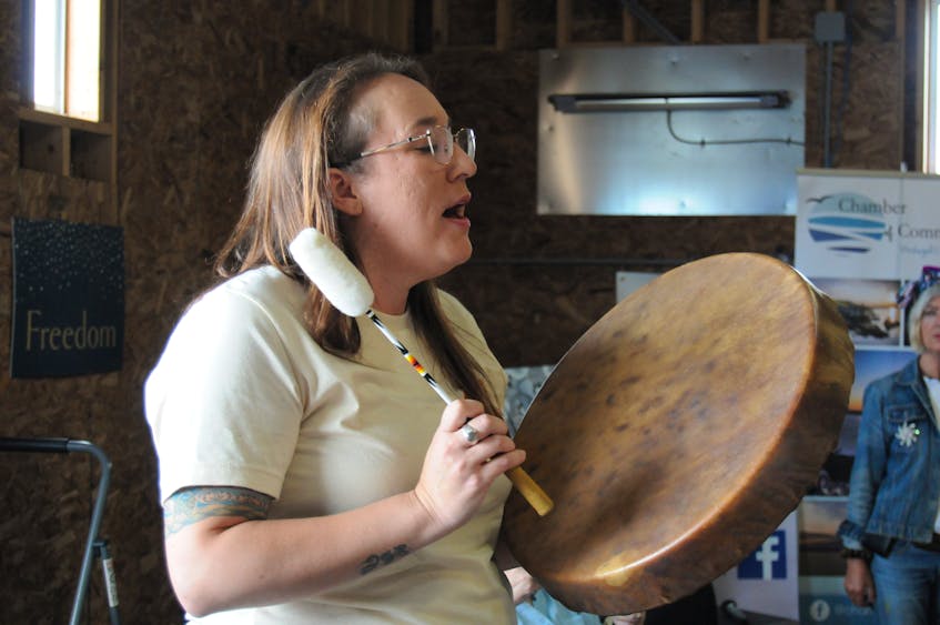 Jenelle Duval of First Light, performs a traditional healing song at Saturday’s Spirit Horse Day in the Hope Arena at Stable Life-NL on Indian Meal Line in Portugal Cove-St. Philip’s. -Joe Gibbons/The Telegram