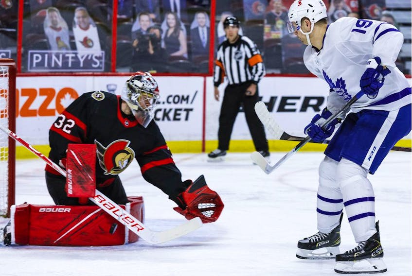  Ottawa Senators goaltender Filip Gustavsson (32) stops Toronto Maple Leafs centre Jason Spezza (19) during the second period, May 12, 2021.