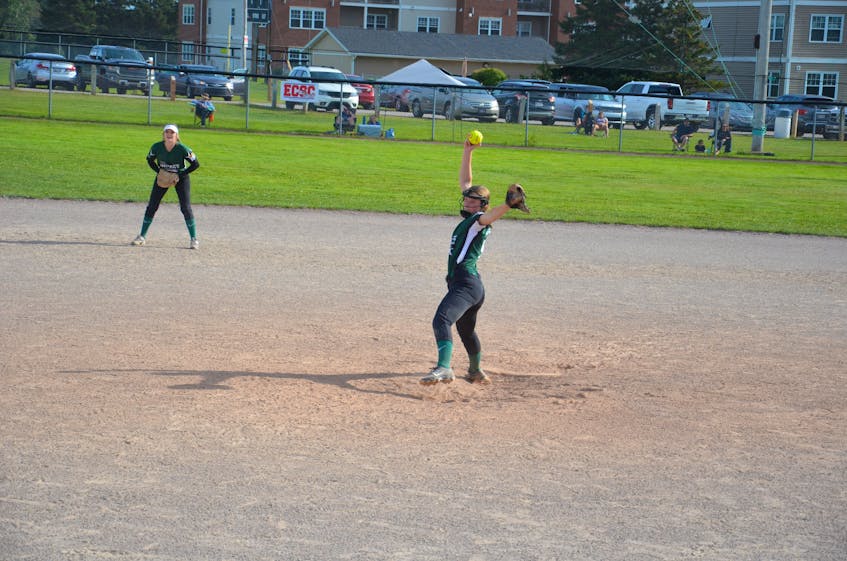 Andrea Caron delivers a pitch for the P.E.I. Chuckie’s Sports Excellence Impact in the gold-medal game of the 2021 Eastern Canadian under-19 women’s fastpitch championship in Charlottetown on Aug. 30. Caron, who is from Summerside, was named the tournament’s top pitcher and most valuable player. - Jason Simmonds