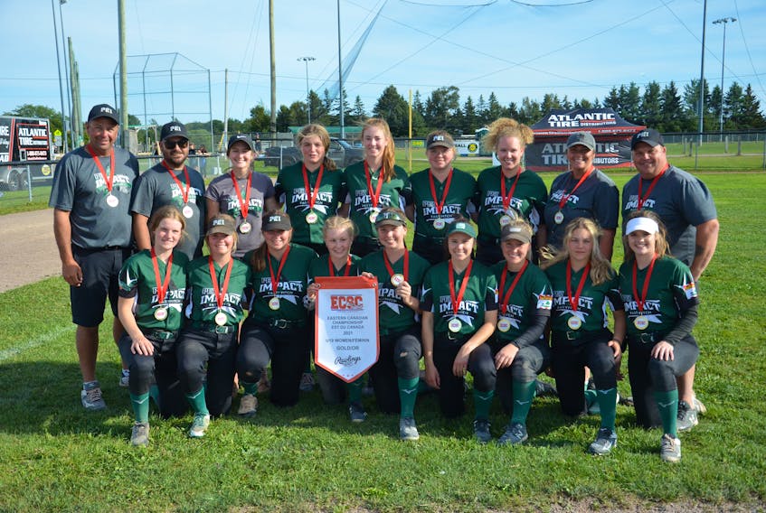 The P.E.I. Chuckie’s Sports Excellence Impact won the 2021 Eastern Canadian under-19 women’s fastpitch championship in Charlottetown on Aug. 30. The Impact defeated the Moncton Rebels 7-3 in the gold-medal game. Team members of the Impact are, front row, from left, Andrea Caron, Lindsey Drover, Kylee Campbell, Jamie Jenkins, Sophia Jeffery, Gracie Hackett, Belle Ashley, Marley Gaudet and Ally Hustler. Back row, form left, are Mike Bishop, Seth Hood, Emily Thistle, Neely Johnston, Ashley Cullen, Zoe Stewart, Kate Doyle, Chantel Lavigne and George Drover. Missing from the photo is Abby Hustler.