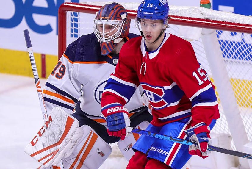 Montreal Canadiens' Jesperi Kotkaniemi sets up in front of Edmonton Oilers goalie Mikko Loskinen during second period in Montreal on May 10, 2021. 