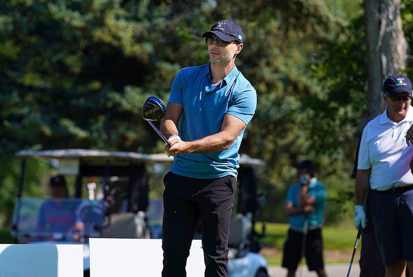Former Flames captain Mark Giordano tees off on the first hole of the Cottonwood Golf Club.The longtime Flames captain was traded to the Seattle Kraken this summer.Monday, August 30, 2021. Dean Pilling/Postmedia