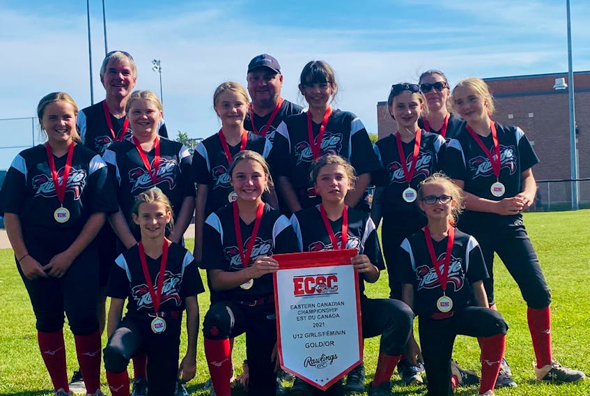 P.E.I.’s Riptide Surfers won the 2021 Eastern Canadian under-12 female fastpitch championship in Summerside. The Surfers defeated Nova Scotia’s Sydney Venom 3-2 in the gold-medal game on Aug. 29. Members of the Surfers are, front row, from left, Sophie Chandler, Lily Gallant, Georgia Stewart and Marley Gallant, second row, from left, Macy Oliver, Emma Murphy, Sadie Hughes, Alexis Jadis, Josée Doyle and Avery Crawford, and back row, Sandy Gallant, Barrie Stewart and Rachelle Doyle.