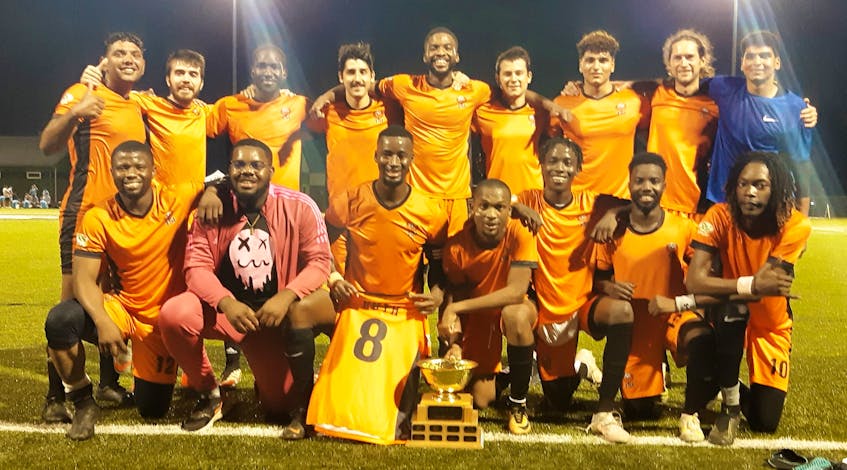 The TSC FC from the Winsloe-Charlottetown Royals FC recently won the Premier Division title in the P.E.I. Senior Men’s Soccer League at UPEI. TSC FC defeated the Sharktooth Shooters from the Stratford Soccer Club 3-1 in the final game. Members of TSC FC are, front row, from left, Chukwuka Chibuzo, Nelson Edomobi, Ibrahima Sanoh, Nicholas Reeves, Eberechi Okwuwolu, Yosua Niyonkuru and Ousmane Racine. Back row, from left, are Cohen Reddick-Stevens, M Hussam Alzoubi, Mamadou Sanogo, Alex Lourenso, Daniel Ohaegbu, Avery LeBlanc-Stokes, Ehab Moustafa, Mark Wright and Mahmoud Moustafa. Missing from the photo are Charles Ruth and Jonah Chininga. - Contributed
