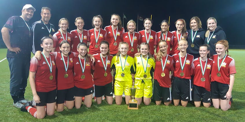 The P.E.I. FC's under-15 team recently claimed the Subway P.E.I. Soccer Association Under-18 Girls League Premier Division championship at UPEI. P.E.I. FC under-15 blanked the Winsloe-Charlottetown Royals 5-0 in the championship game. Members of the P.E.I. FC under-15 squad are, front row, from left, Gerrica Doucette, Sophie Gallant, Tamara Gauthier, Kailyn Gallant, Natasha Kowalchuk, Mackensie Ramsey, Joelle Bader, Juliette Bader, Ava Pomeroy and Jorja Shields. Back row, from left, are Kieran Goodwin (assistant coach), Janos Barna (head coach), Kali MacDonald, Emma Matheson, Addie Langley, Zoe Olscamp, Sonia Perry, Georgia Doucette, Maiya Chaudhary, Bella Vos, Emily White (assistant coach) and Nicole MacInnis (assistant coach). Missing from the photo is Sherrie Langley (manager). - Contributed