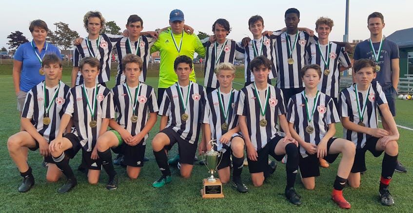 RC United recently won the Premier Division title in the Subway P.E.I. Soccer Association Under-15 Boys League. RC United topped the Winsloe-Charlottetown Royals 2-0 in the title game at UPEI. Members of RC United are, front row, from left, Derek Andrews, Locklin Dykstra, Kaleb Vos, Isaac Taweel, Parker Munro, Alex Bernard, Sam Langdale and Ethan Grant. Back row, from left, are Kim Munro (manager), Evan Weeks, Devin Mills, Grayson Arbing, Hudson Haltli, Kyle Peters, Rayner Glen, Harrison Munro and Connor Crozier (coach) - Contributed