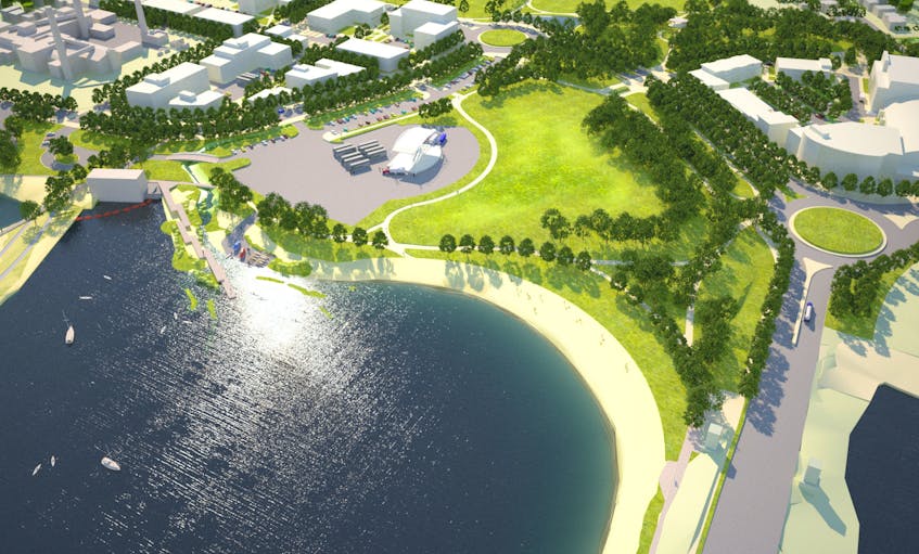 A rendering from the East Gateway Waterfront Master Plan shows a completely overhauled Charlottetown Event Grounds, featuring an expansion to the waterfront, a beach and trees. Arsenault said changing the grounds into a park would help increase its day-to-day use. - Contributed
