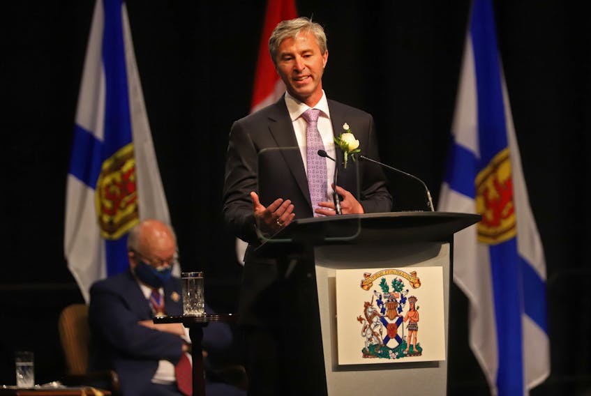 Tim Houston gives his first remarks as the Premier of Nova Scotia, following the swearing-in ceremony for he and his cabinet, at the Halifax Convention Centre on Tuesday, Aug. 31, 2021.

TIM KROCHAK PHOTO