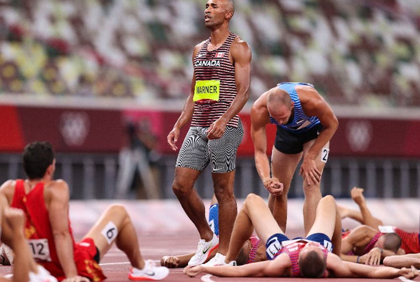  Damian Warner of Team Canada reacts after competing in the Men’s Decathlon 1500m.