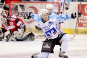 Jeff Ulmer, as a member of the Hamburg Freezers in Germany, celebrates after scoring a goal in March 2006. ‘I think I got a good feel for almost every hockey-playing country, especially the ones I played in,’ says the newly hired assistant coach of the AHL’s Abbotsford Canucks.