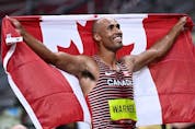 Canada's Damian Warner reacts after winning the men's decathlon event during the Tokyo 2020 Olympic Games.