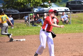 Pictou County’s Bailee Kontuk throws across the diamond in an attempt to get a would-be Hammond Plain’s baserunner out.  