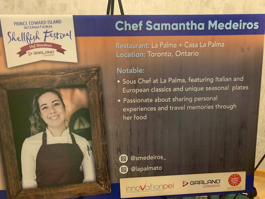 Information on one of the chefs that will be taking part in the P.E.I. International Shellfish Festival this year was displayed at a news conference in Charlottetown on Aug. 5. - Dave Stewart