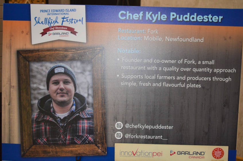 Information on one of the chefs that will be taking part in the P.E.I. International Shellfish Festival this year was displayed at a news conference in Charlottetown on Aug. 5. - Dave Stewart
