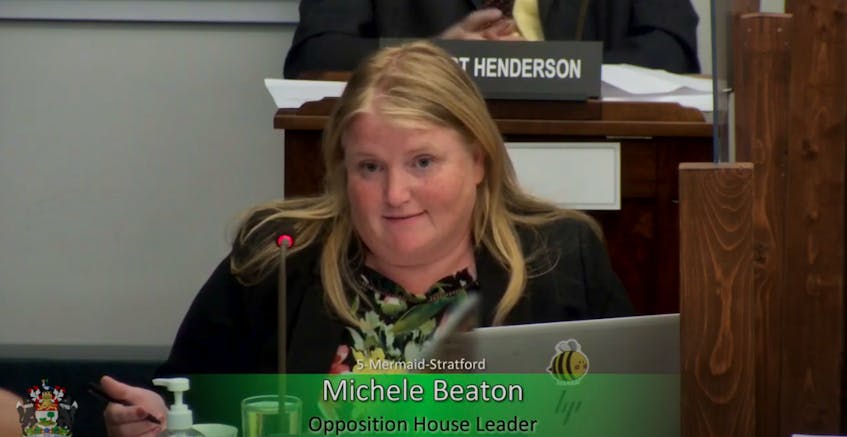 Green MLA Michele Beaton urged Hudson to use a ministerial order to ensure the positions are posted because, in her words, “the public is crying for health providers here in P.E.I.”  - Screenshot