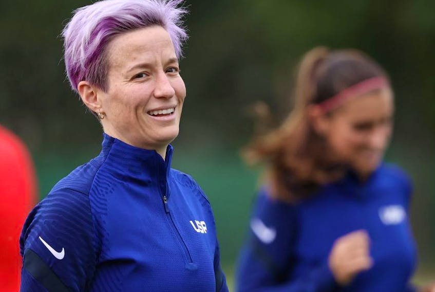 Megan Rapinoe of Team United States smiles during a training session on day 3 of the Tokyo Olympic Games at Nakata Sports Center on July 26, 2021 in Chiba, Japan.