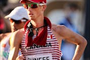  SAPPORO, JAPAN – AUGUST 06: Evan Dunfee of Team Canada competes in the Men’s 50km Race Walk Final on day fourteen of the Tokyo 2020 Olympic Games at Sapporo Odori Park on August 06, 2021 in Sapporo, Japan.