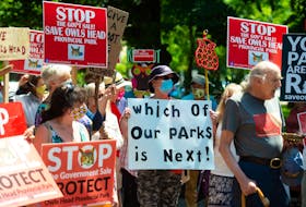 Protesters attend a Save Owls Head Provincial Park rally at Victoria Park on Saturday, Aug. 7, 2021.