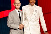 NBA commissioner Adam Silver (left) and Scottie Barnes pose for photos NBA commissioner Adam Silver (left) and Scottie Barnes pose for photos at the 2021 NBA Draft