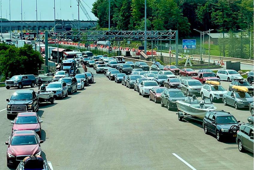 Wait times at the Canada-U.S. border at Lansdowne, Ont., fluctuated between one and three hours on Monday afternoon. 