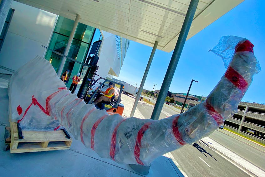 A section of a blue whale skeleton sits outside the new Core Sciences Building at Memorial University in St. John’s on Monday, Aug. 9, as workers prepare to move it inside the lobby, where the full skeleton will be assembled and put on permanent display. Keith Gosse • The Telegram