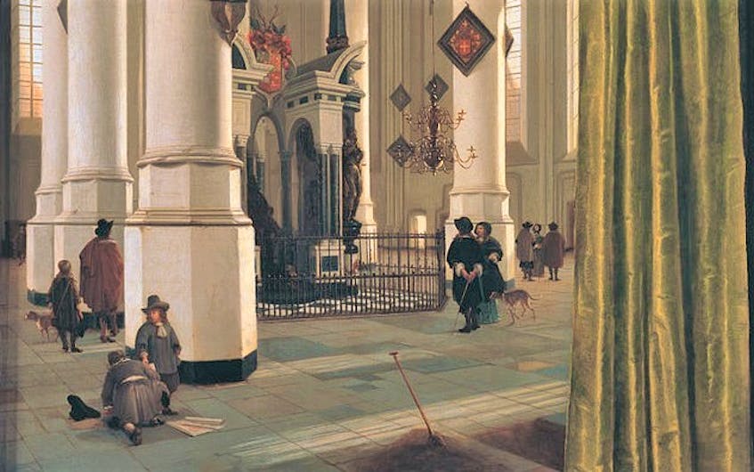 As for the role churches played following the Protestant reforms, they appear to have evolved from ostentatious places of worship into more informal gathering places of like-minded citizens, along with dogs.... as in the Delft church portrayed below by artist Hendrick van Vliet in 1650. - Contributed