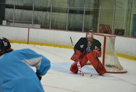 Goaltender Jacob LeBlanc prepares to face a shot during the Charlottetown Islanders’ training camp on Aug. 31. The Quebec Major Junior Hockey League team is holding its training camp at the APM Centre in Cornwall. LeBlanc played last season with the Summerside D. Alex MacDonald Ford Western Capitals of the Maritime Junior Hockey League.