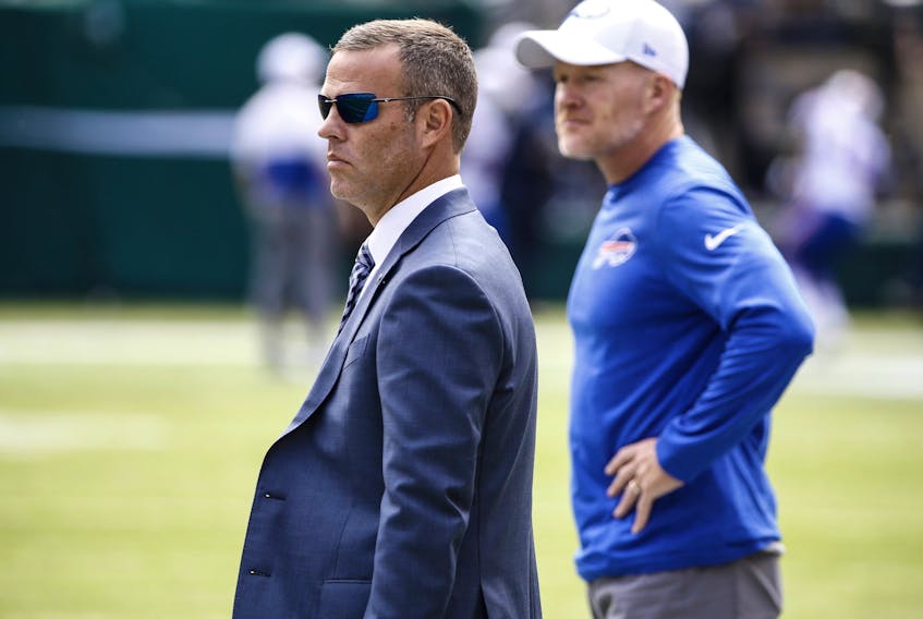 General manager Brandon Beane of the Buffalo Bills watches warmups before a game against the New York Jets at MetLife Stadium on September 8, 2019 in East Rutherford, New Jersey.  
