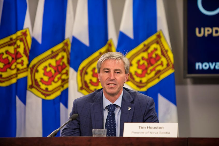 Nova Scotia Premier Tim Houston speaks at a COVID-19 briefing in Halifax on Wednesday, Sept. 8, 2021.